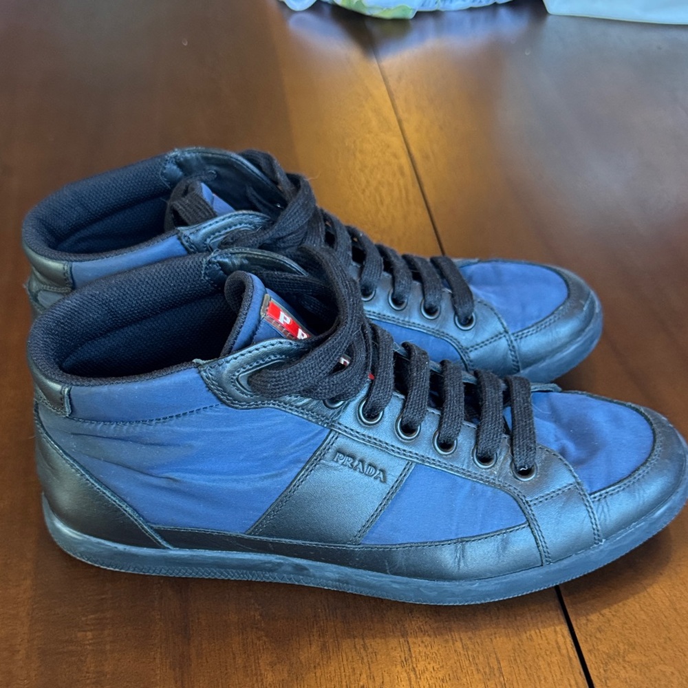 Prada Men's Black and Blue High-Top Sneakers